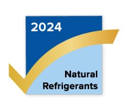 Logo: blue square with dark blue top-left and light blue bottom-right; white “2024” text; black “Natural Refrigerants” text; gold curved ribbon sweeping across.