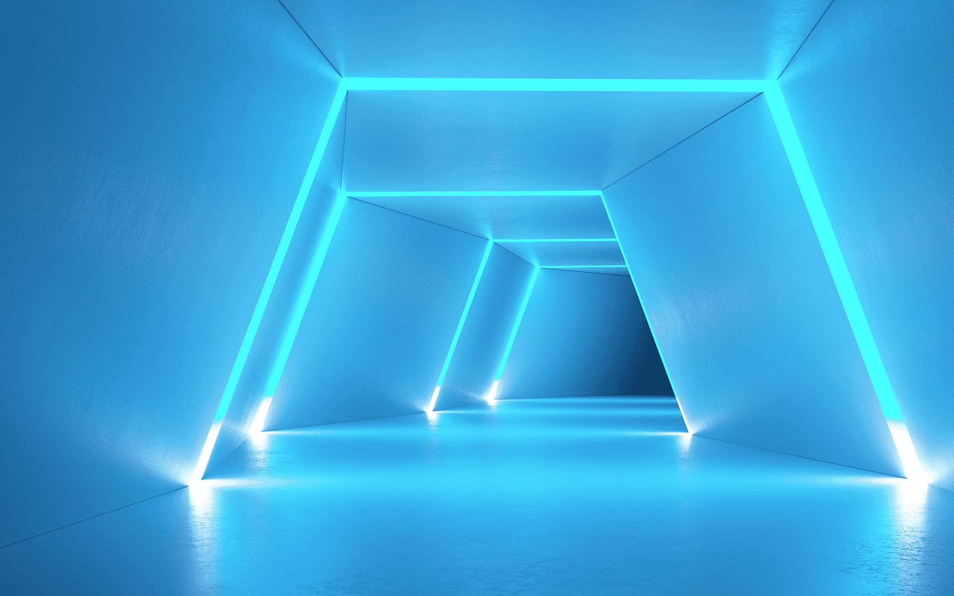 Futuristic blue neon corridor with glowing cyan edge lights outlining angular walls, receding into a glowing geometric tunnel.