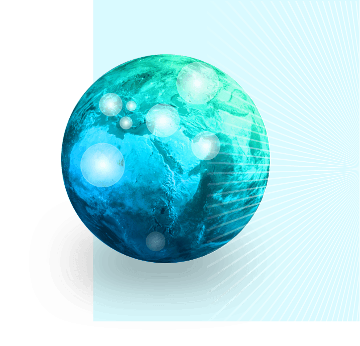 Blue-green Earth-like planet with glowing bubbles orbiting it, set against a turquoise background featuring a white radial burst to the right and a black edge on the left.