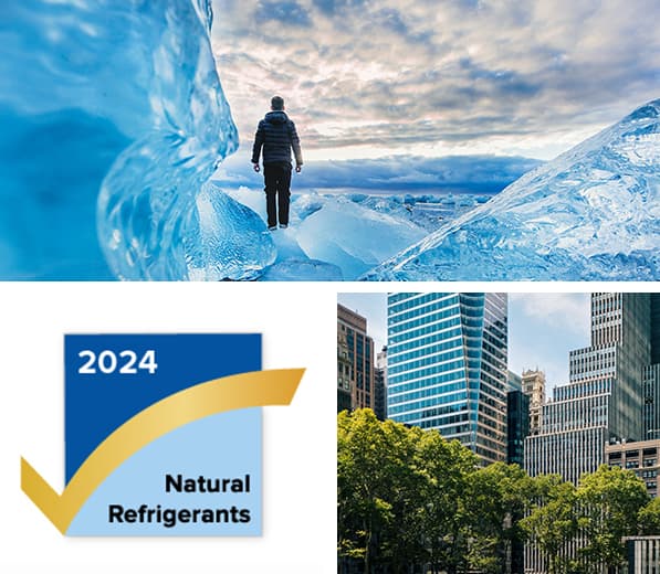 Collage of three images: a person stands on blue ice among glaciers; the 2024 Natural Refrigerants logo; and a city skyline with trees.