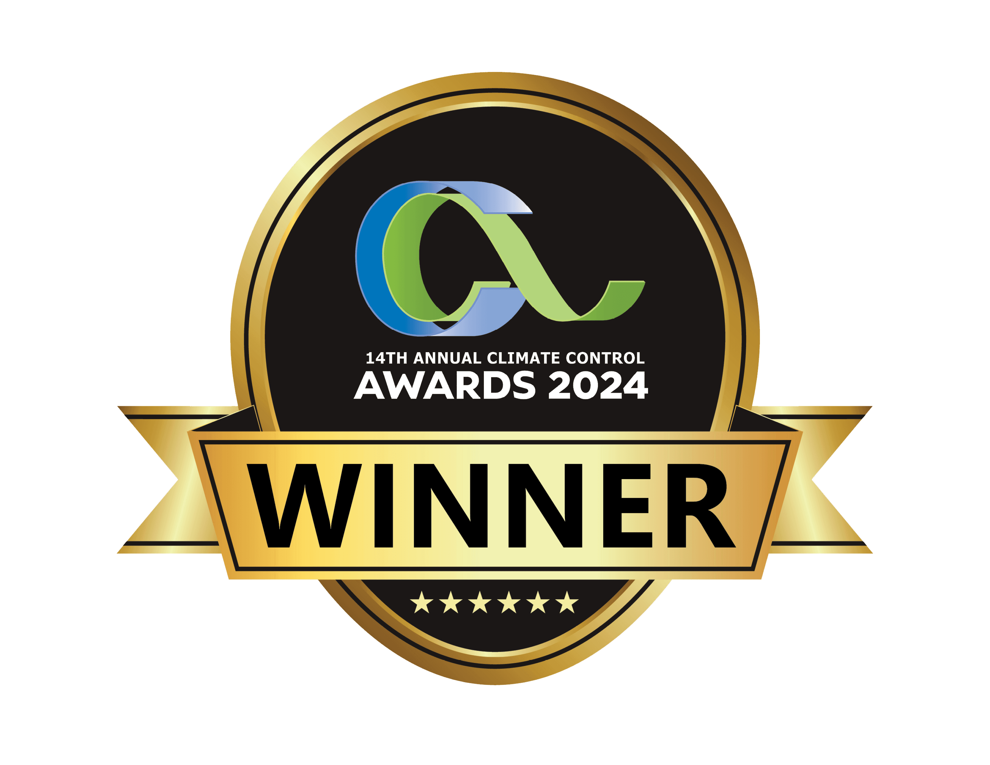 Gold circular award badge on a black background, featuring a multicolor logo, "14th Annual Climate Control Awards 2024" text, and a bold "WINNER" ribbon with stars.