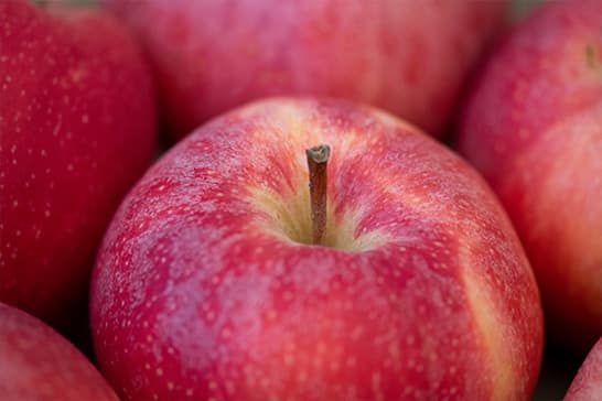 Close-up of a red apple with a visible stem, pinkish-red skin with subtle speckles and soft highlights.