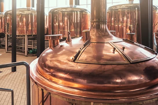 Inside a brewery, gleaming copper fermentation tanks with a central copper kettle and a network of pipes.
