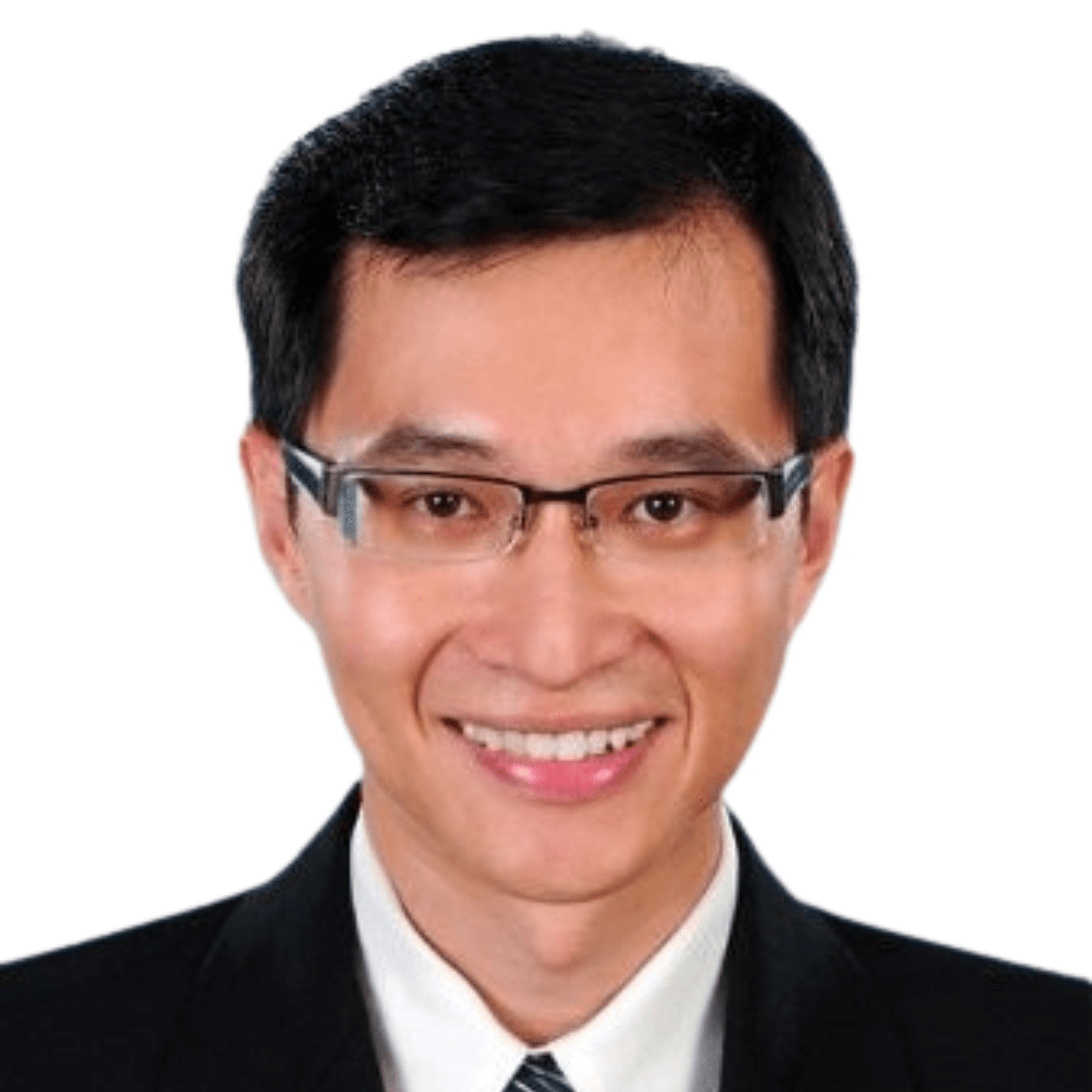 Portrait of a smiling person with short black hair and glasses, wearing a dark suit and tie, against a white background.