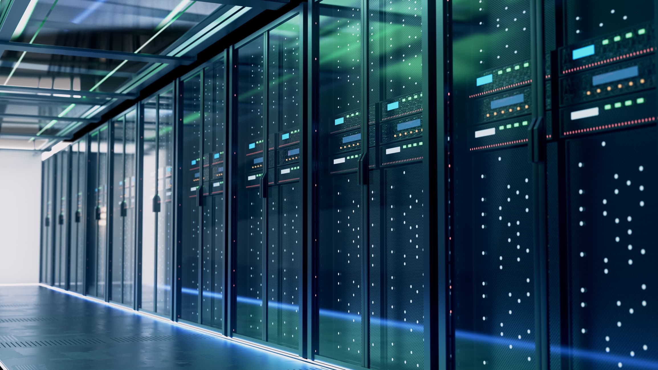 Server racks with blinking indicator lights in a modern data center, glass walls, cool blue lighting, and sleek metallic flooring.