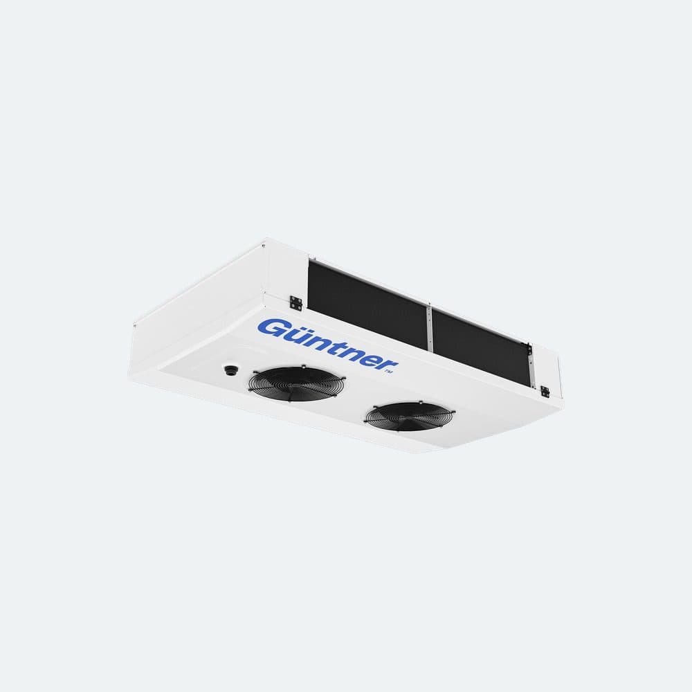 White ceiling-mounted HVAC unit with exposed cooling fins along the side and a blue logo on the bottom panel.