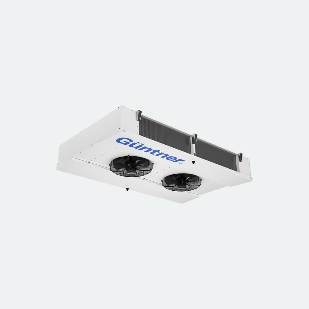 White ceiling-mounted commercial HVAC unit with two circular fans on the bottom, exposed copper piping on the side, and a blue logo on the underside.