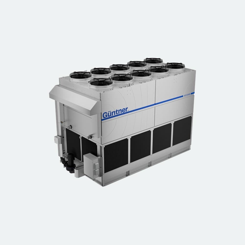 Large industrial chiller unit with white panels, a blue stripe and brand logo on the side, and visible cooling fins and top-mounted fans.