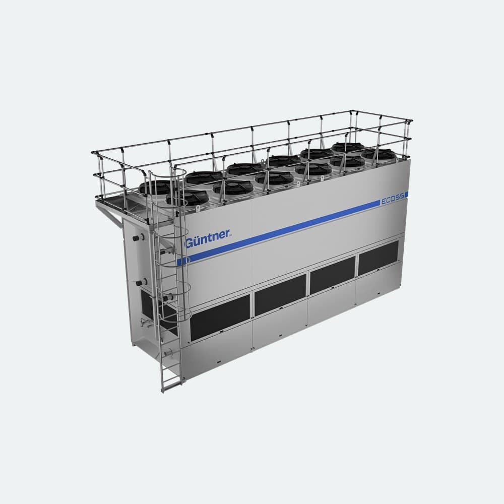 Large gray industrial cooling unit with a blue Günther logo and stripe, side vent panels, and exposed piping on the left front.