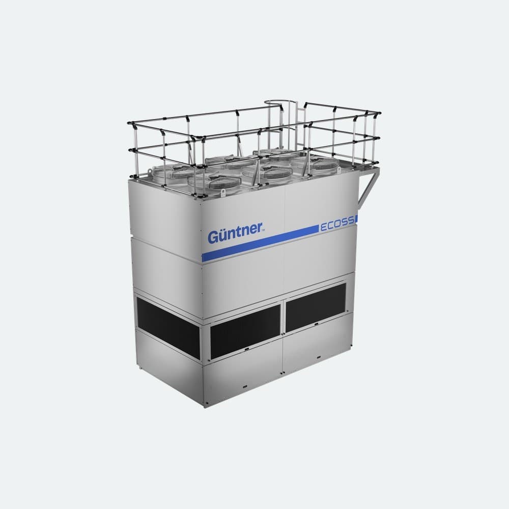 Large industrial chiller with silver panels, left-side piping, and a blue Günther logo along a blue stripe.