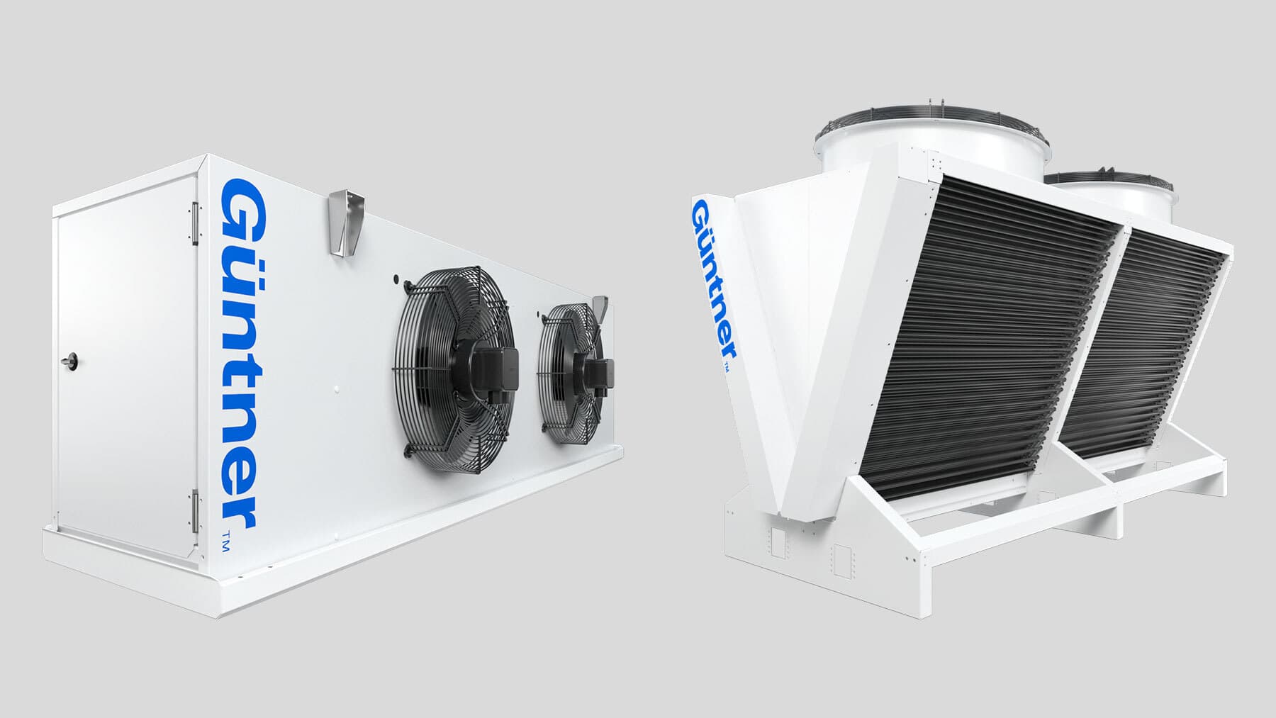 Two large white industrial cooling units with blue Günther branding; visible fans and angled fins against a light gray background.