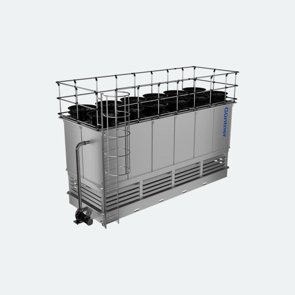 Industrial cooling chiller with metal panels and vertical blue Günther branding, piping and top-mounted fans, mounted on a metal base frame.