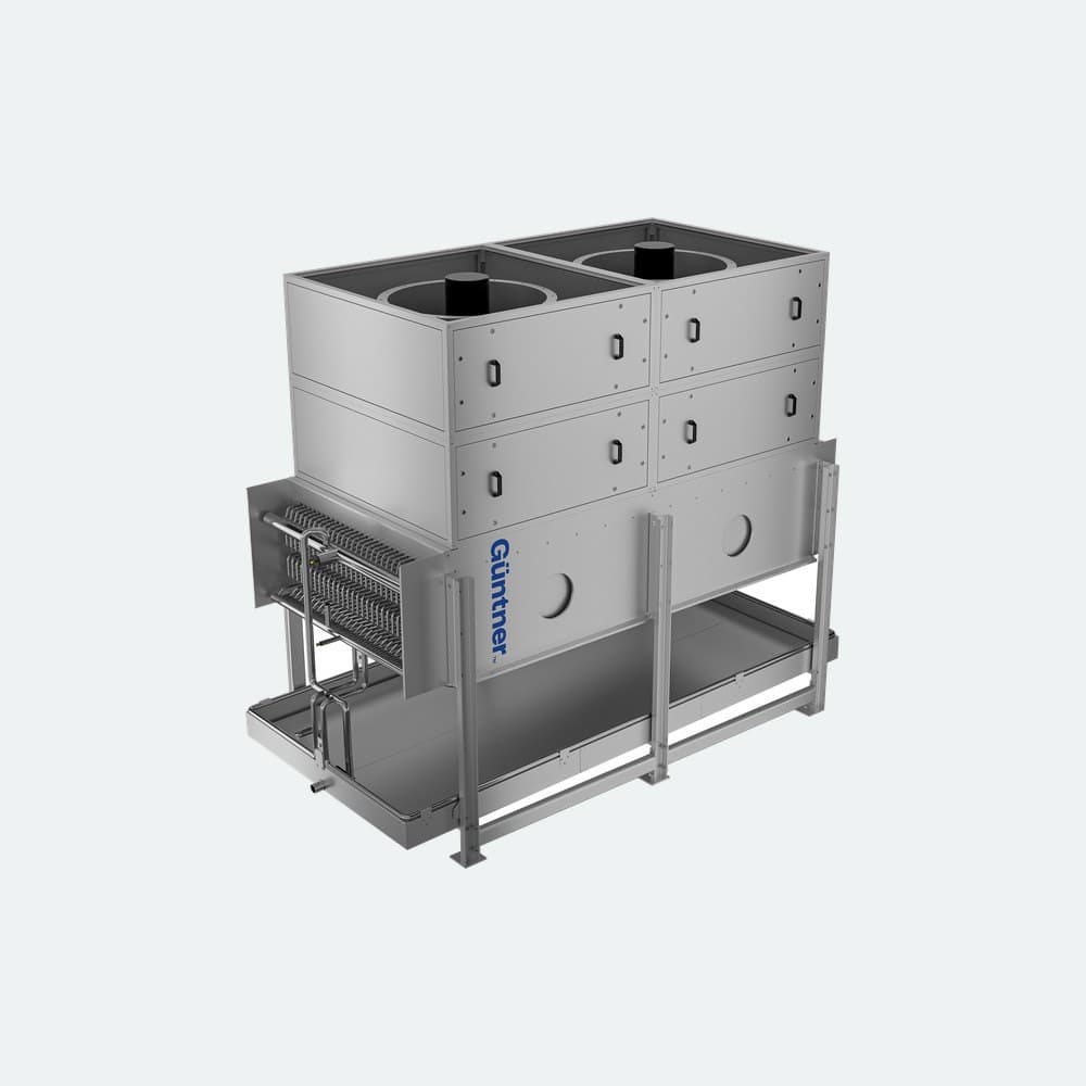 Industrial metal cooling unit with stacked cabinets, copper tubing coils on the left, and a blue Guntner logo on the side against a black background.