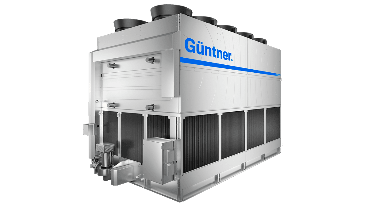 Industrial chiller unit with white metal panels, side cooling fins and a blue logo along the upper section; several top fans visible.