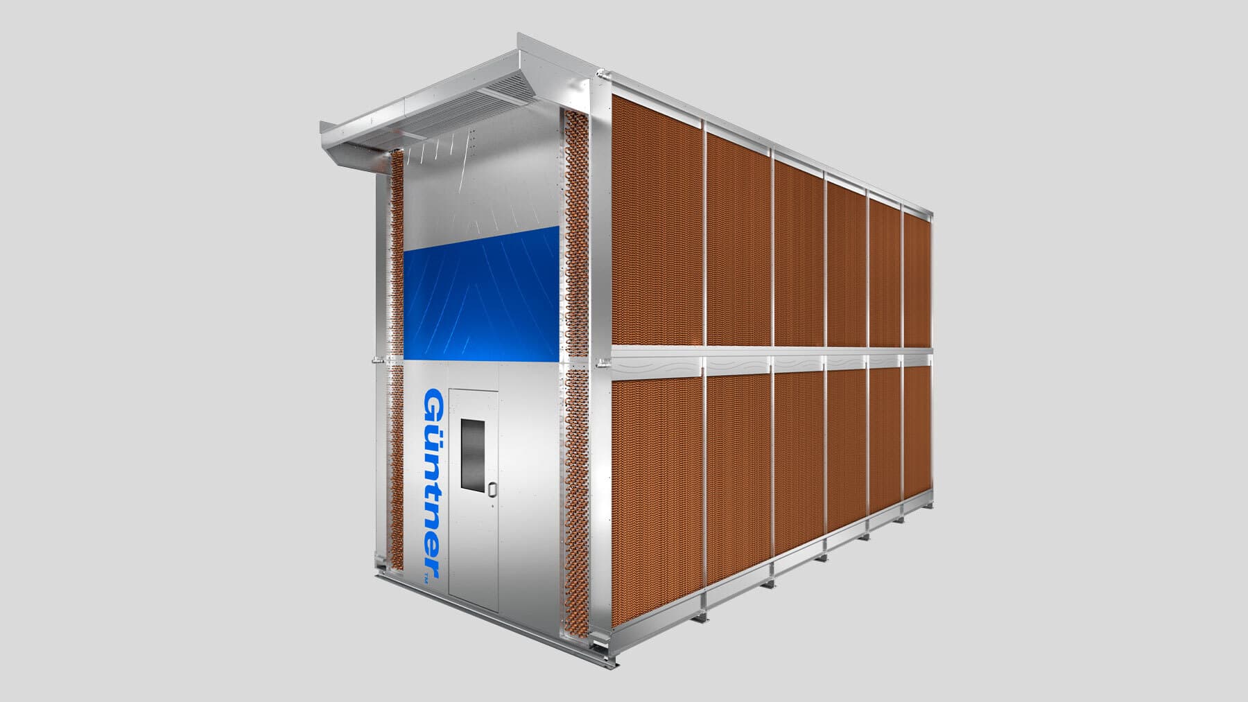 Large modular industrial heat exchanger with copper coil banks, silver frame, and a blue panel; Guntner branding on the front.