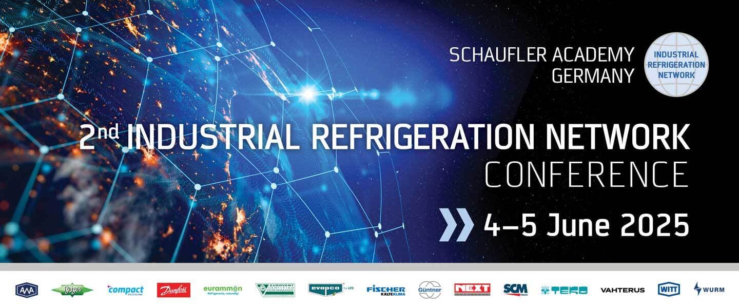 Blue space-themed banner with a connected network globe, large text 2nd Industrial Refrigeration Network Conference and dates 4-5 June 2025, plus sponsor logos at bottom.