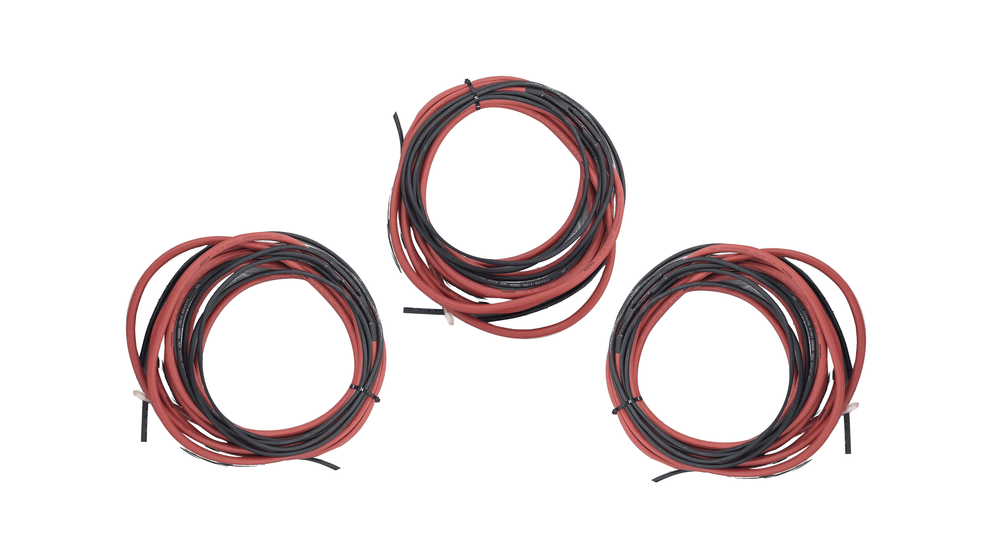 Three coils of red and black electrical wires, loosely wound into circular bundles and held with ties.