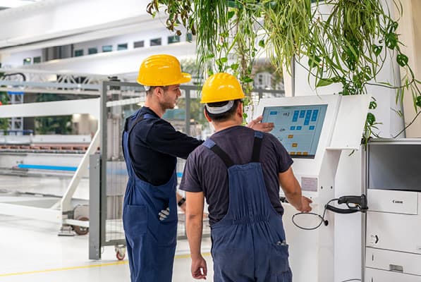 Two workers in yellow hard hats and blue overalls operate a touchscreen control panel in a bright industrial setting, with hanging green plants overhead.