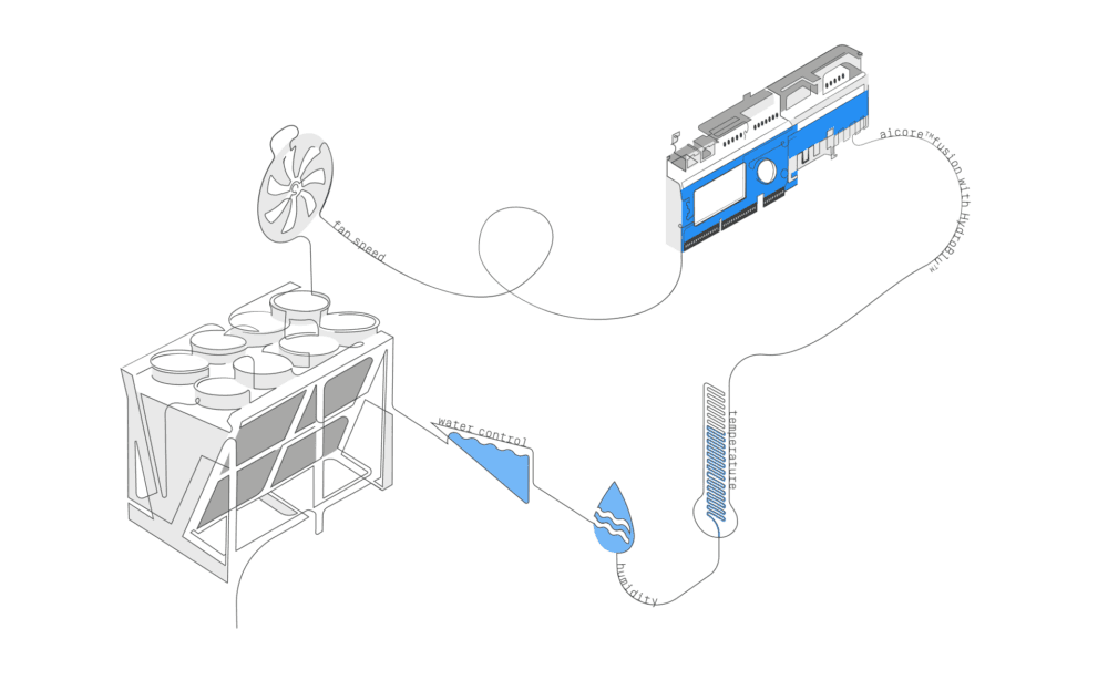 Line-art illustration of a PC liquid cooling loop: radiator with fan, tubing to a GPU block, reservoir, and blue accents.