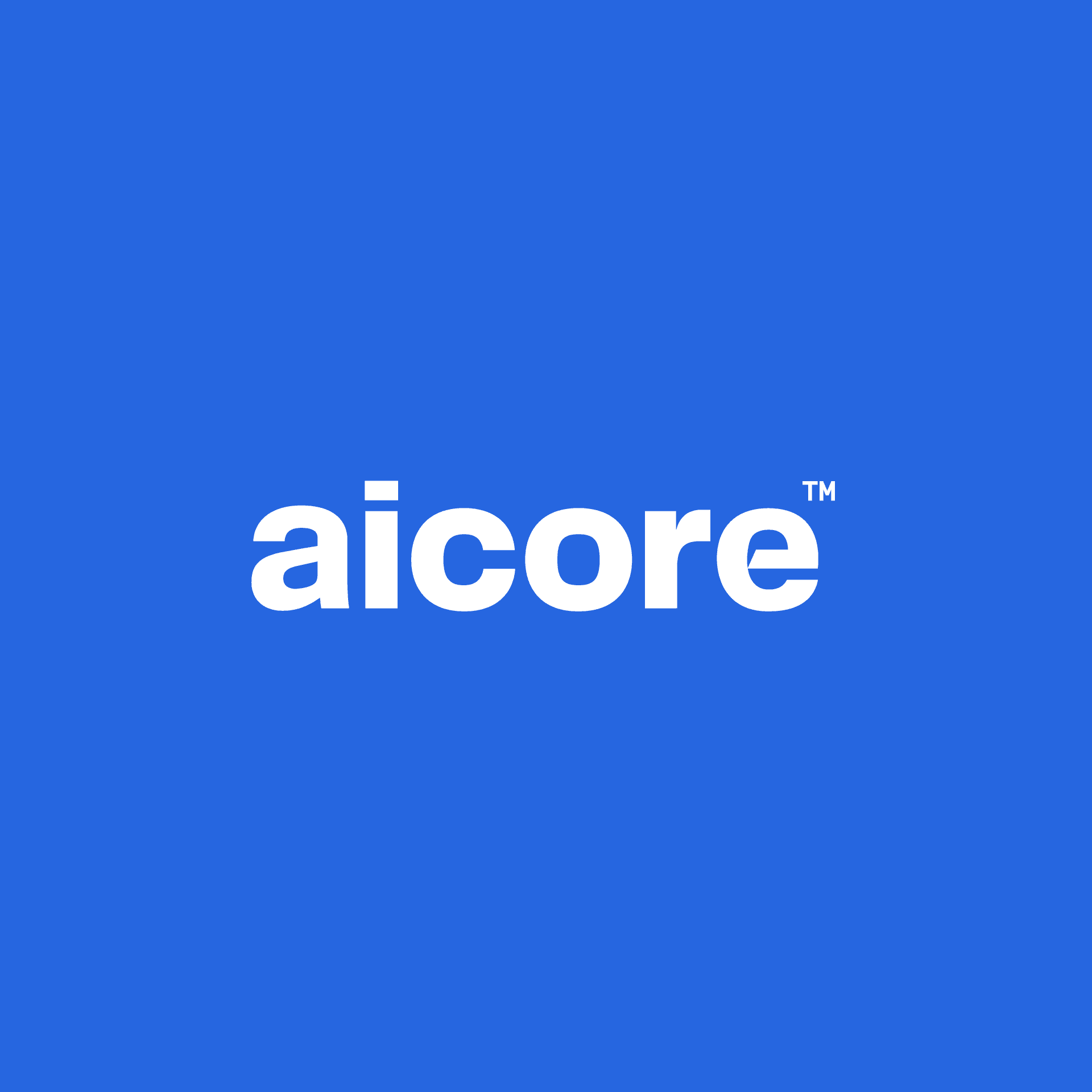 Blue background with a white bold lowercase “aicore” wordmark, plus a small TM symbol in the top-right of the text.