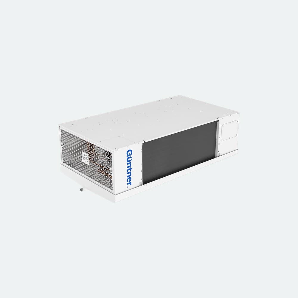 White industrial cooling unit with a honeycomb front grille, blue vertical Güttner logo on the side, and a dark finned heat exchanger on the right.