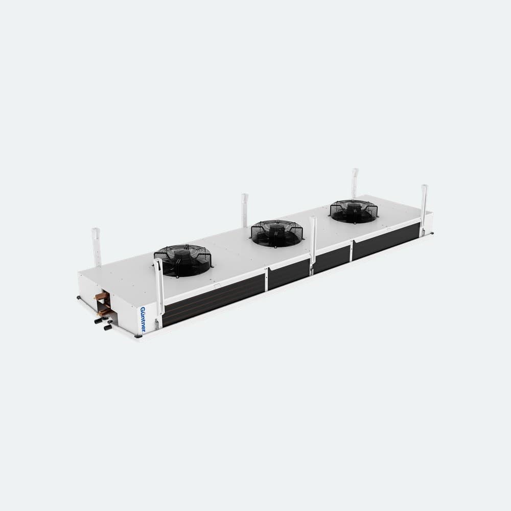 White industrial heat exchanger with copper tubes on the left, long finned section along the side, two tall mounting brackets, base rails, and a blue Guntner logo.