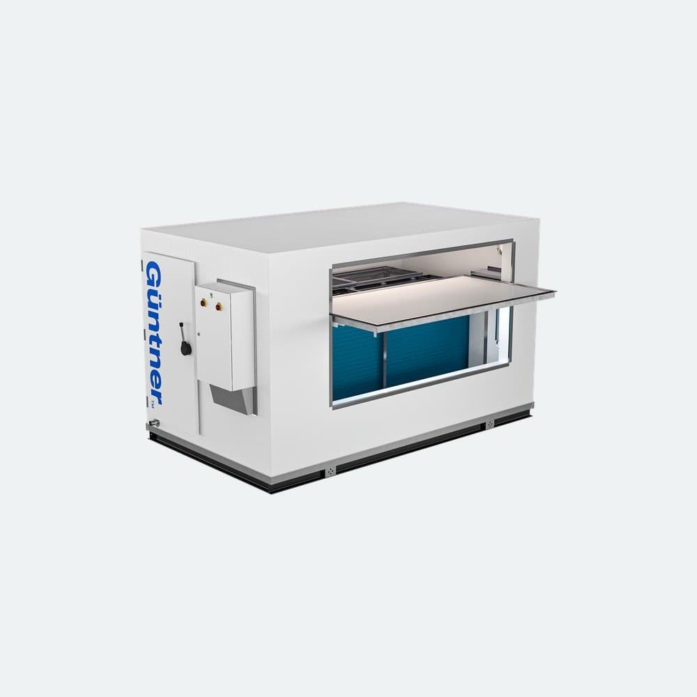 White modular container with a vertical blue Günther logo on the left, an exterior door, and a large side vented service window with an awning.