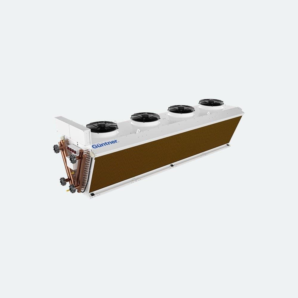 Industrial air-cooled heat exchanger unit with copper fins, white metal frame, two top-mounted fans, and blue Guntner branding along the side.