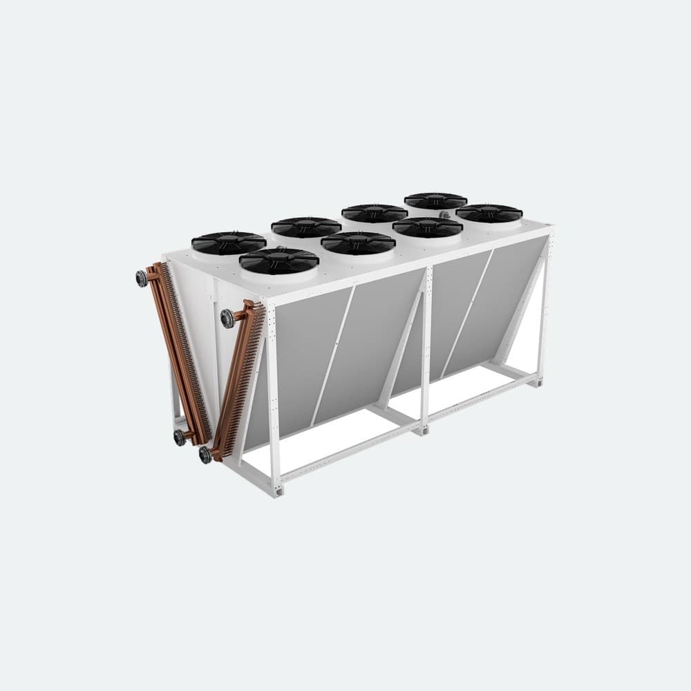 White metal-framed industrial air handler with two brown filter panels and diagonal supports, mounted on a rectangular base.