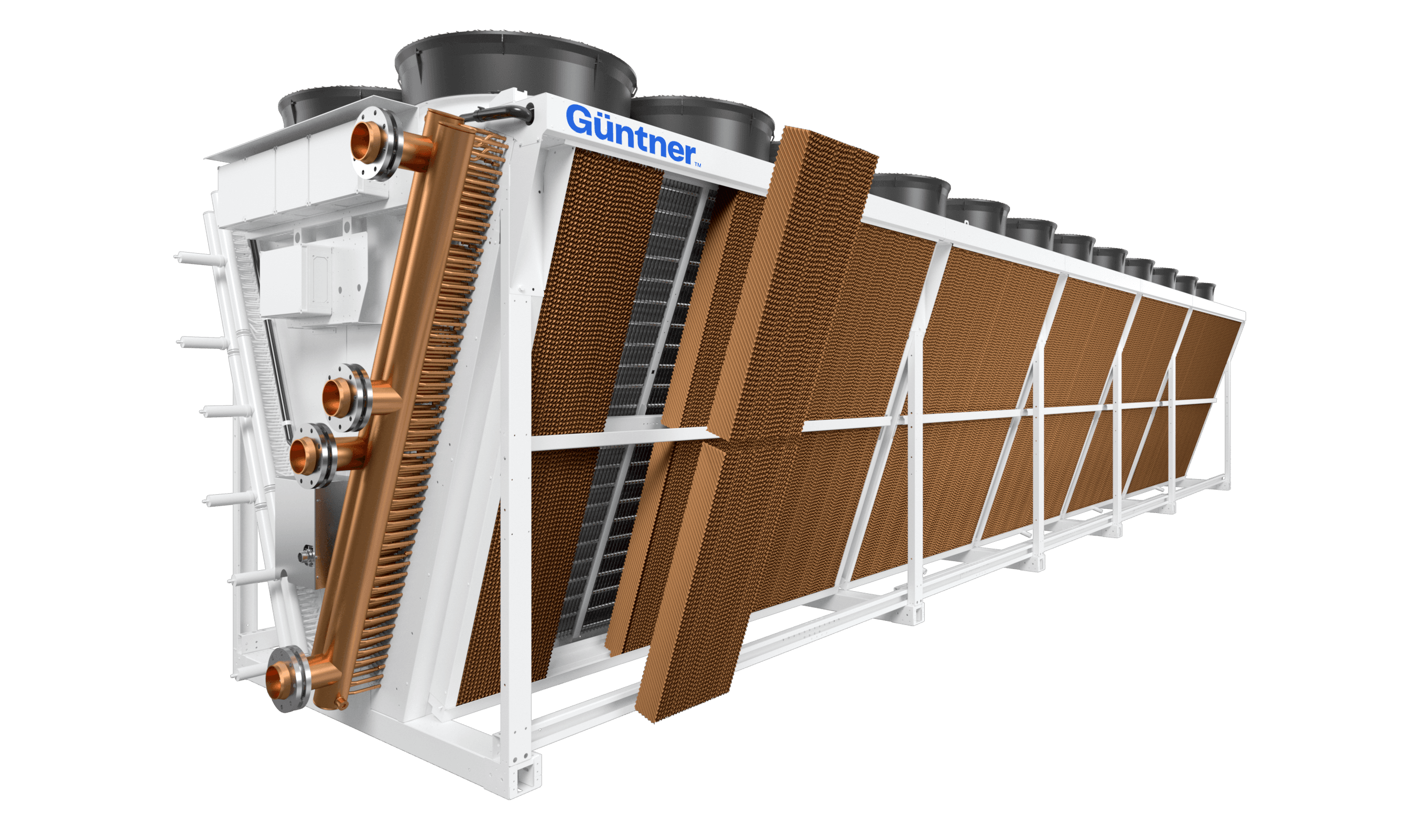Large Guntner industrial heat exchanger with copper tubes and fins, filter sections, and multiple top-mounted fans against a dark background.