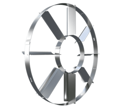 Disco circular metálico con aro exterior e interior, unido por seis radios planos; parece una pieza mecánica de acero sobre fondo negro.