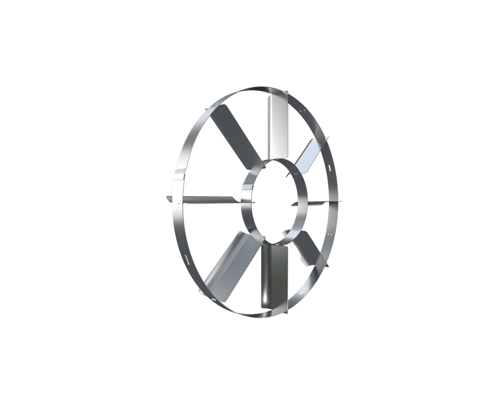 Chrome-finished six-blade metal wheel with a central hub, shown against a black background.