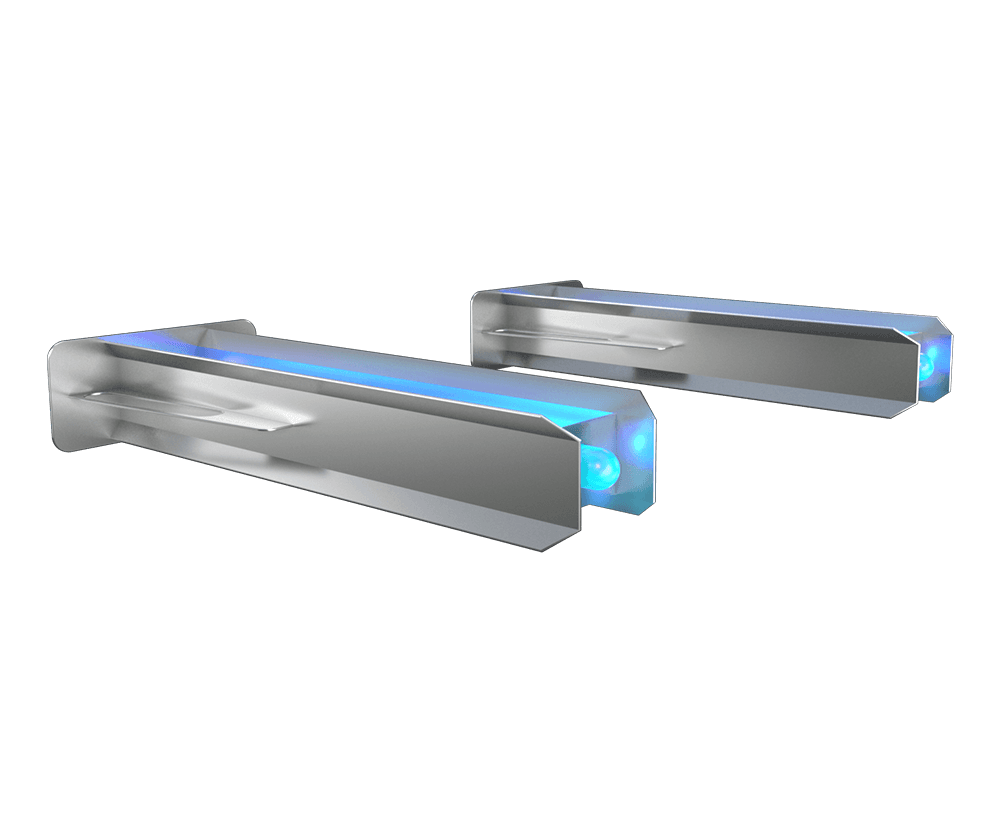 Two 3D-rendered silver rectangular rails with blue glow along the edges and blue-lit end caps, angled against a white background.