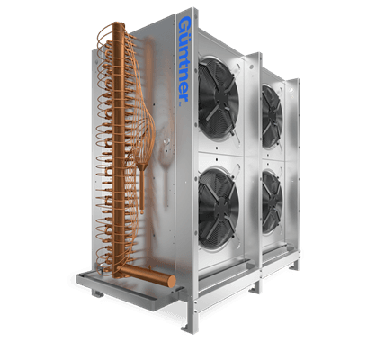 Conjunto condensador industrial com estrutura metálica, quatro ventiladores frontais e bobina de cobre em espiral à esquerda, marca Guntner.
