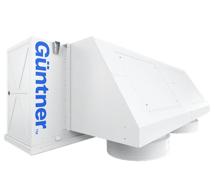 Équipement industriel blanc avec une unité rectangulaire à gauche et une section inclinée à droite, affichant le logo bleu Guntner, sur fond transparent.