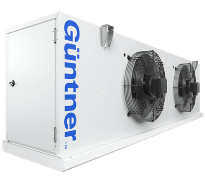 White industrial chiller unit with two large side fans, vertical blue Guntner logo along the left edge, and a front access door in a 3/4 angled view.