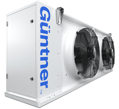 White industrial cooling unit featuring two large front fans and a vertical blue Guntner logo along the side.