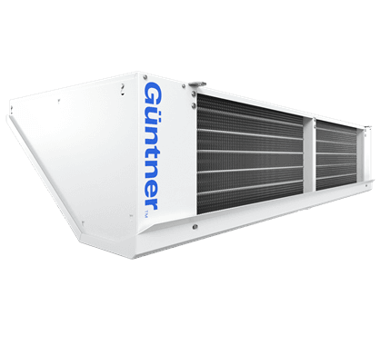 Longue unité de climatisation industrielle blanche avec panneaux noirs et grille d'aération, portant le nom Guntner sur le côté.