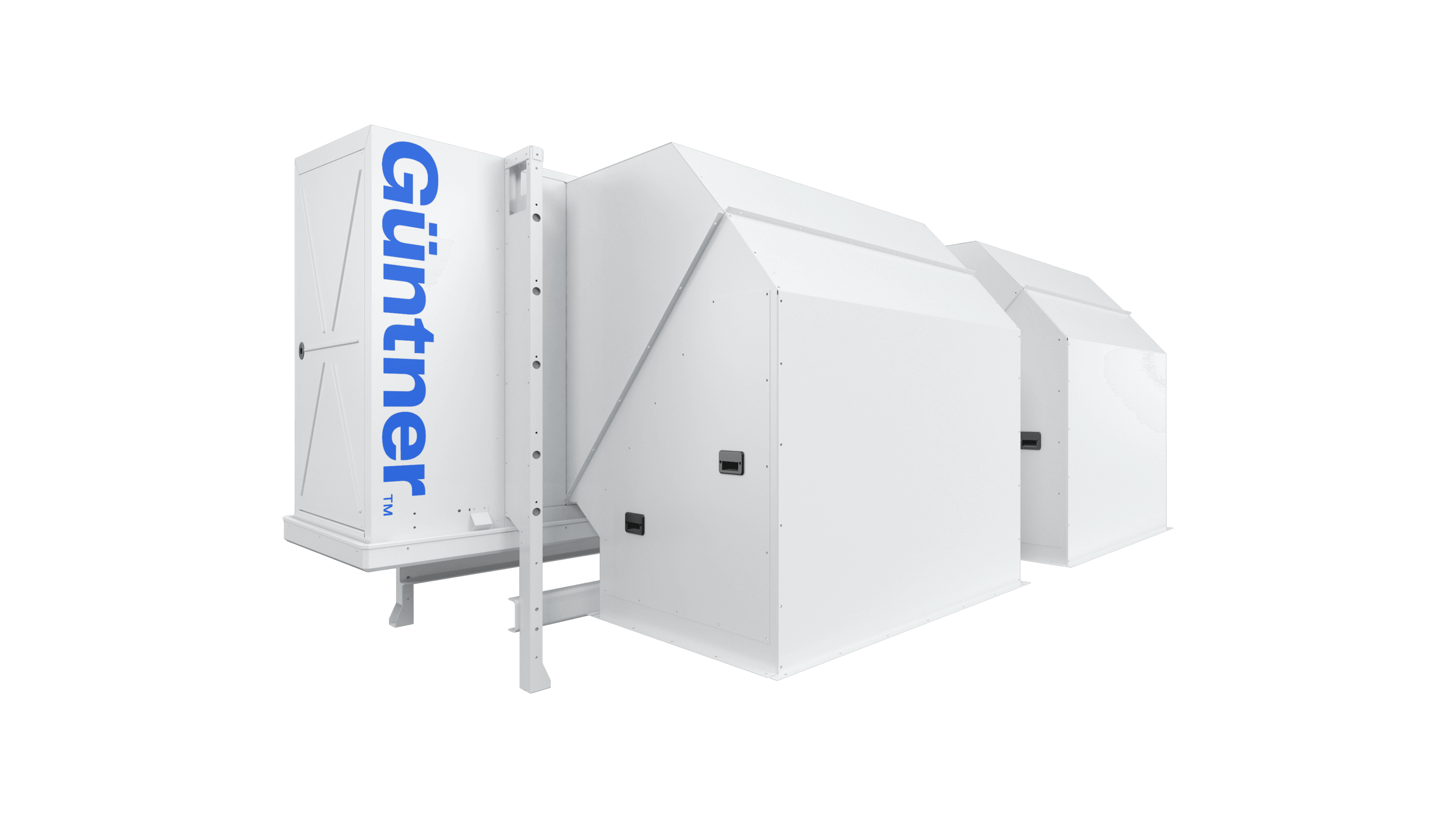 Large white industrial ventilation unit with angled roof sections and connected modules; blue vertical branding on the left side, set against a black background.