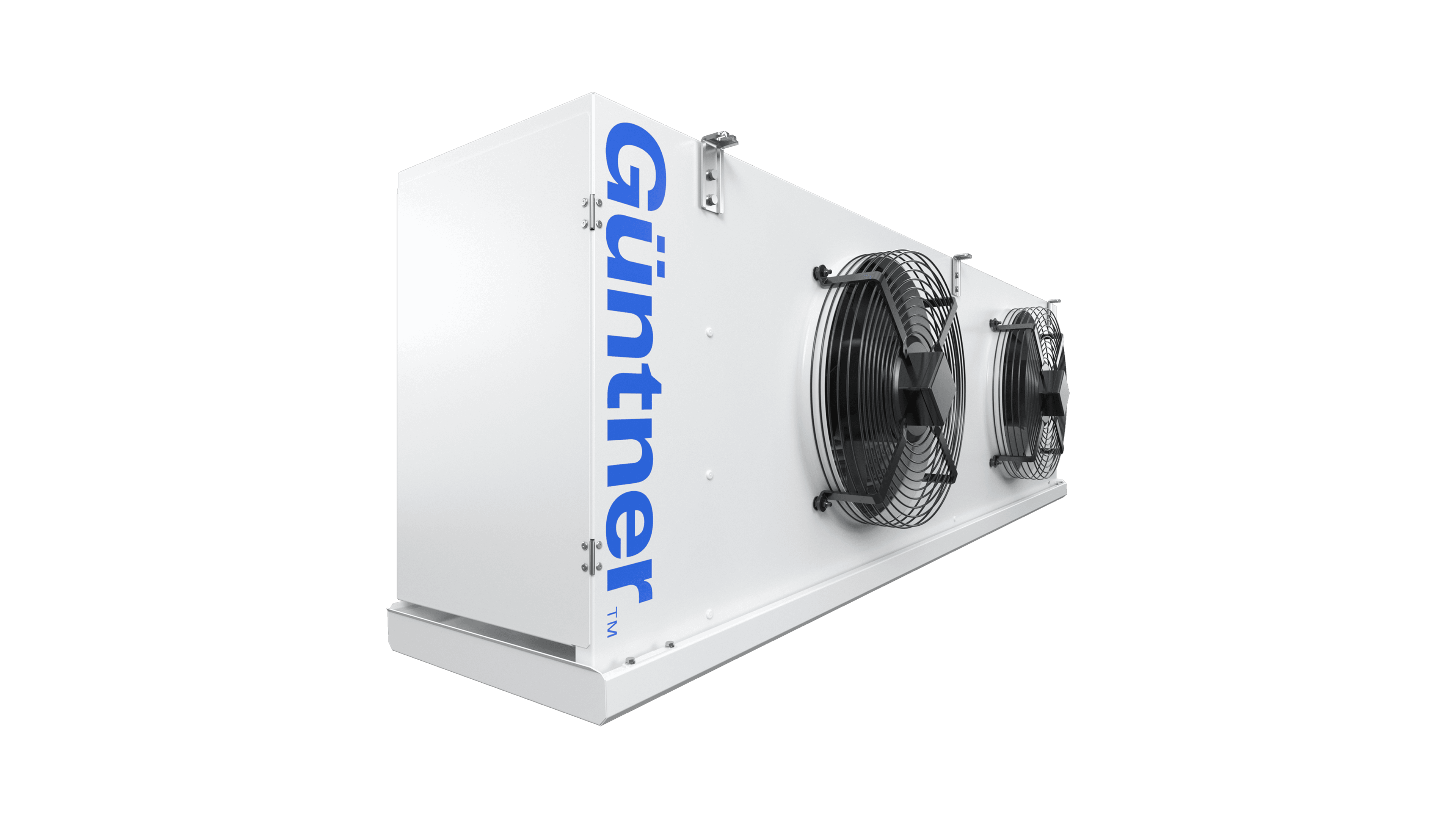 White industrial condenser unit with two large front fans behind protective grilles; blue vertical 'Guntner' logo along the left side against a black background.