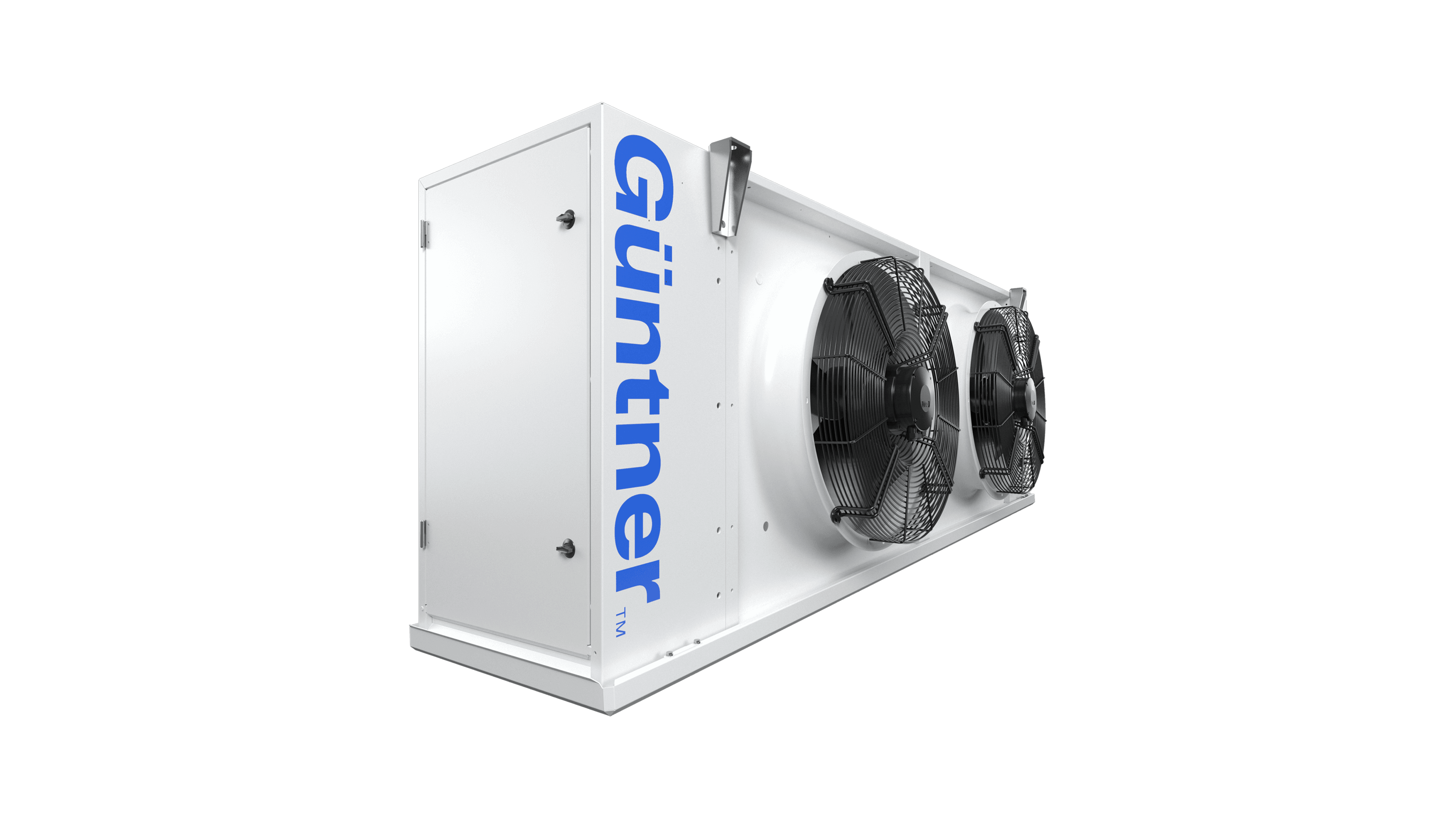 White industrial outdoor HVAC unit with two large front fans and a vertical blue Guntner logo on the side, set against a black background.