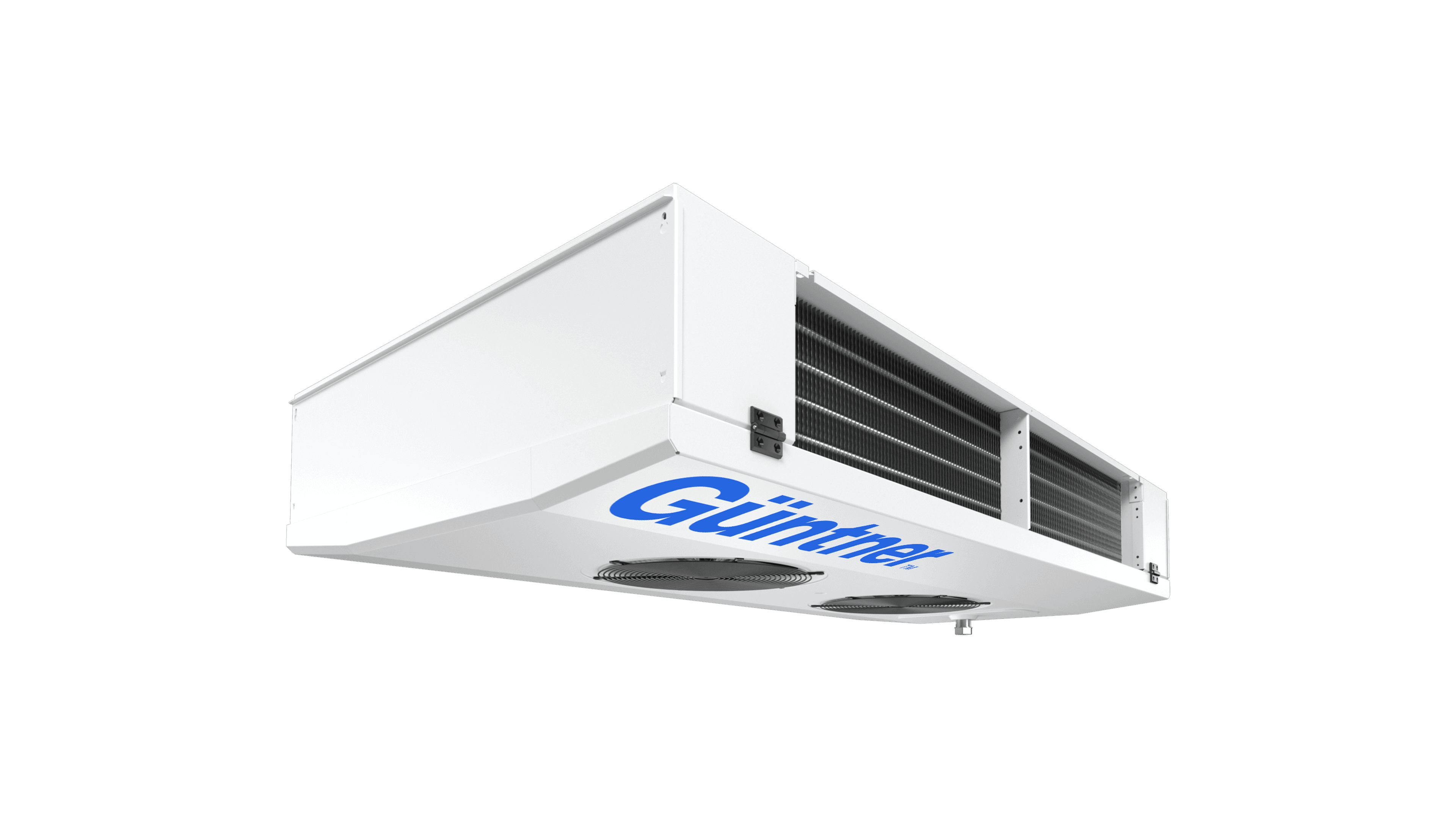 White industrial HVAC unit seen from below, with finned coils on the side, two circular fans on the underside, and a blue logo on the front panel.