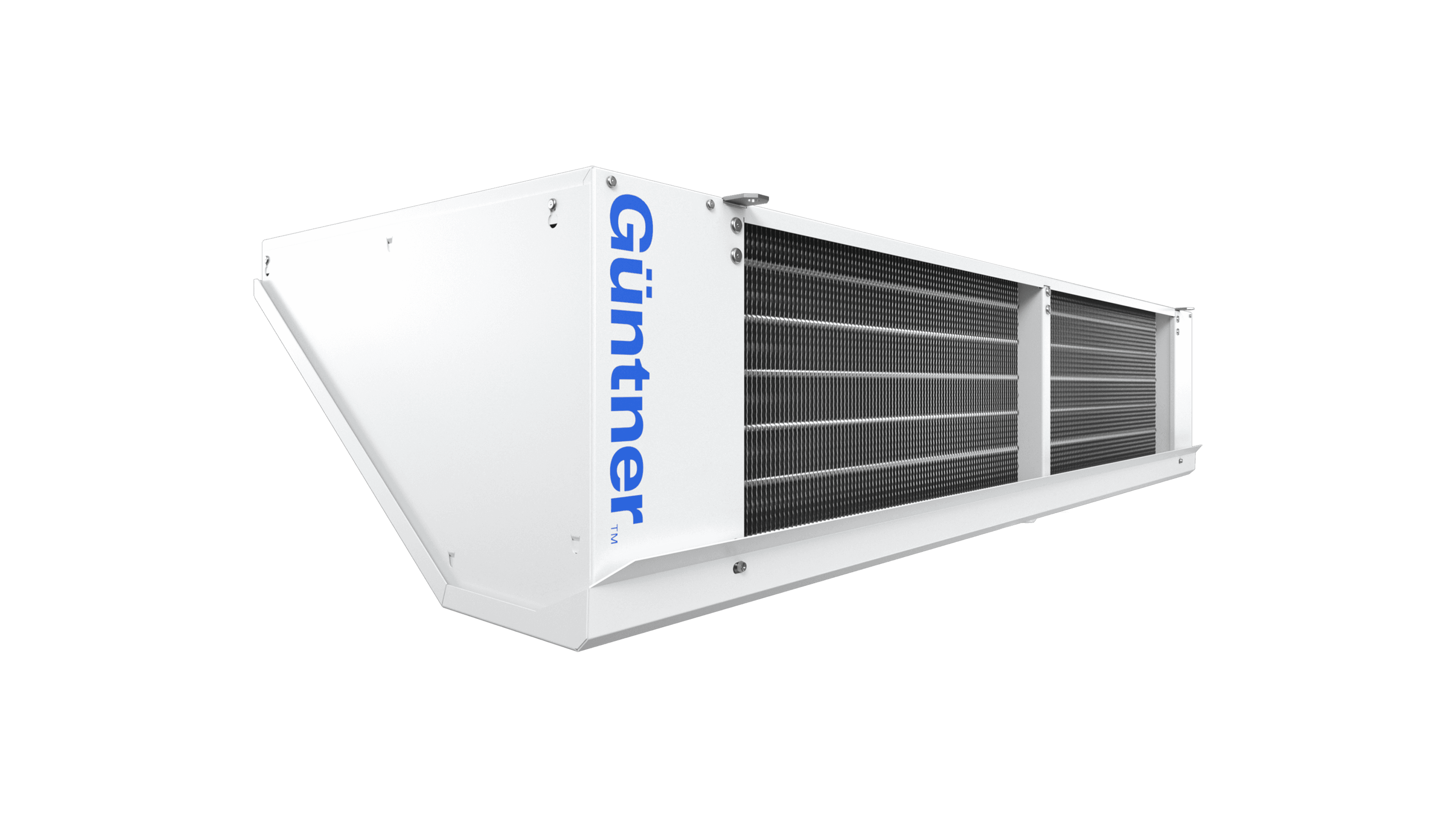 White industrial HVAC unit with a blue vertical logo on the side and dark vented grills along the length, viewed in perspective against a black background.