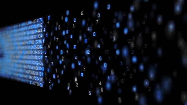 Dark background with a glowing blue stream of digits and floating particles, resembling flowing data or a digital data visualization.