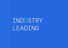 Blue background with left-side radiating lines; white text reads INDUSTRY LEADING with cyan-accented letters.