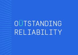 Blue background with a left-striped texture; centered text reads ÖUTSTANDING RELIABILITY in white with a cyan accent on the initial letter.