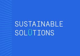 Bright blue background with a left-side fan of light lines; white text reads "SUSTAINABLE SOLUTIONS" with a stylized O in SOLUTIONS.