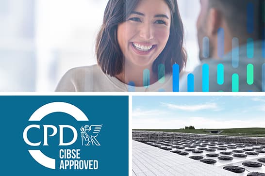 A smiling person with a graph overlay, the CPD CIBSE Approved logo, and a roof covered with solar panels.