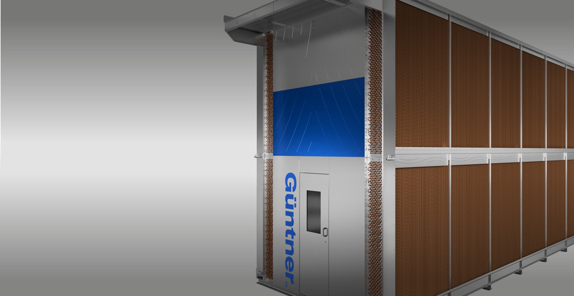 Industrial heat exchanger unit with copper coil rows, gray metal frame, blue panel, and brown panel fins, set against a gray gradient background.