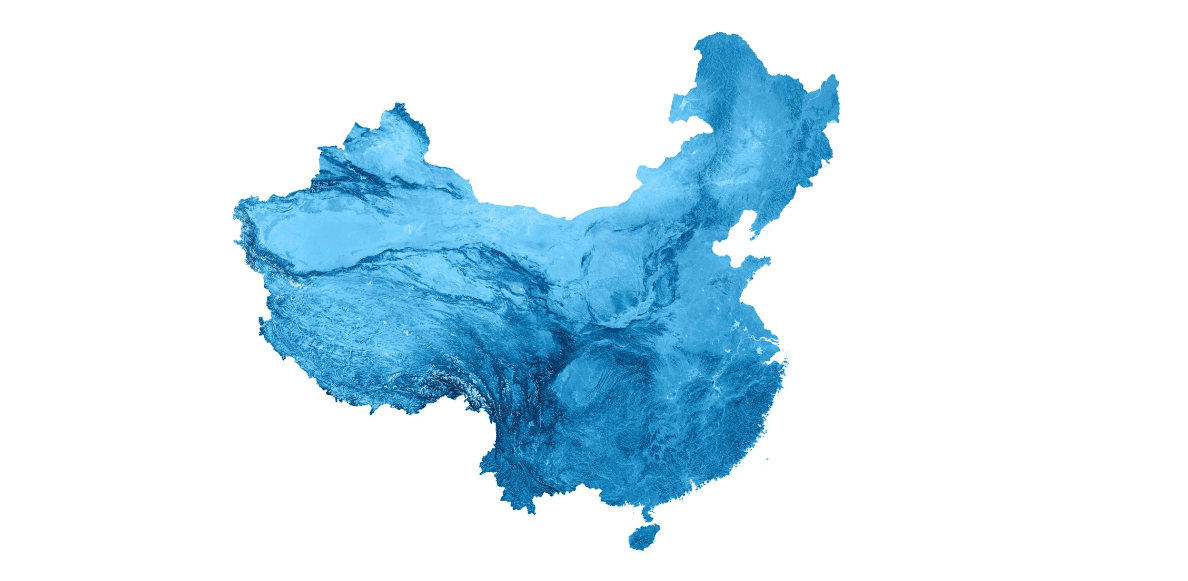 Blue watercolor-style map silhouette of China with textured interior details on a white background.